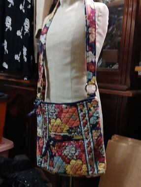 Vera Bradley Quilted Floral Crossbody in Navy and Multicolor, 10in.x10in.